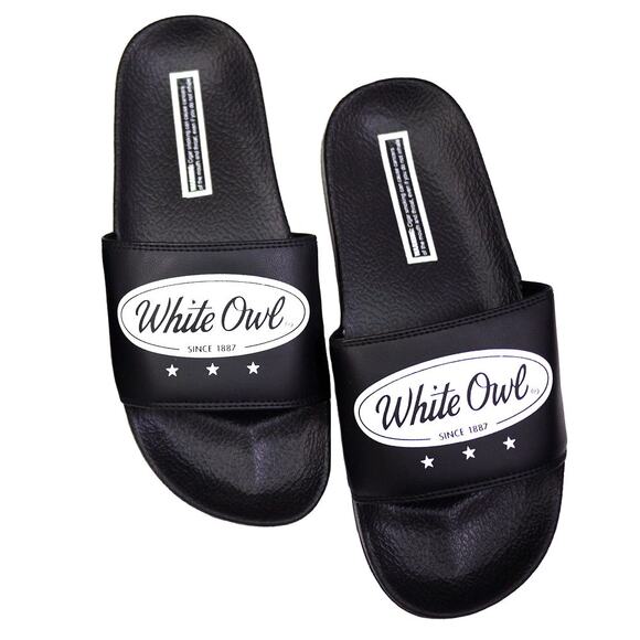 New Exclusive White Owl Shoes Unisex Men 10/Women 11 Black Logo Slide Sandals - Picture 2 of 3
